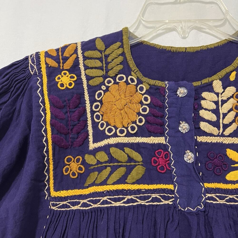 Handmade Folk Mexican Embroidered Blouse Large Purple Floral Top Pleated - Picture 2 of 10